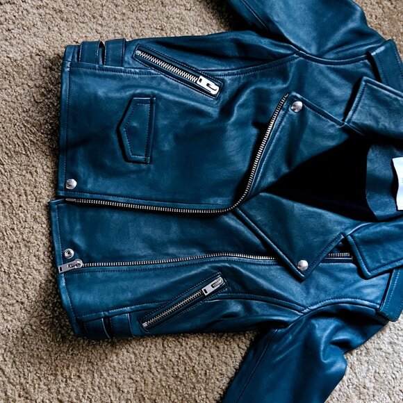 Money Green Lamb Leather Biker Jacket - Picture 1 of 6